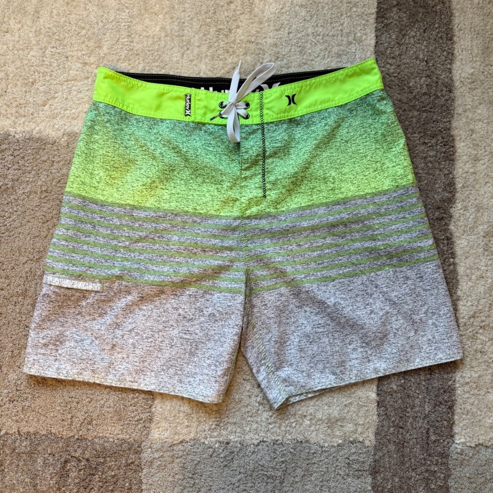 Hurley Mens Board Shorts Size 34 Lime Green Grey Striped Swim Trunks MBS0002980